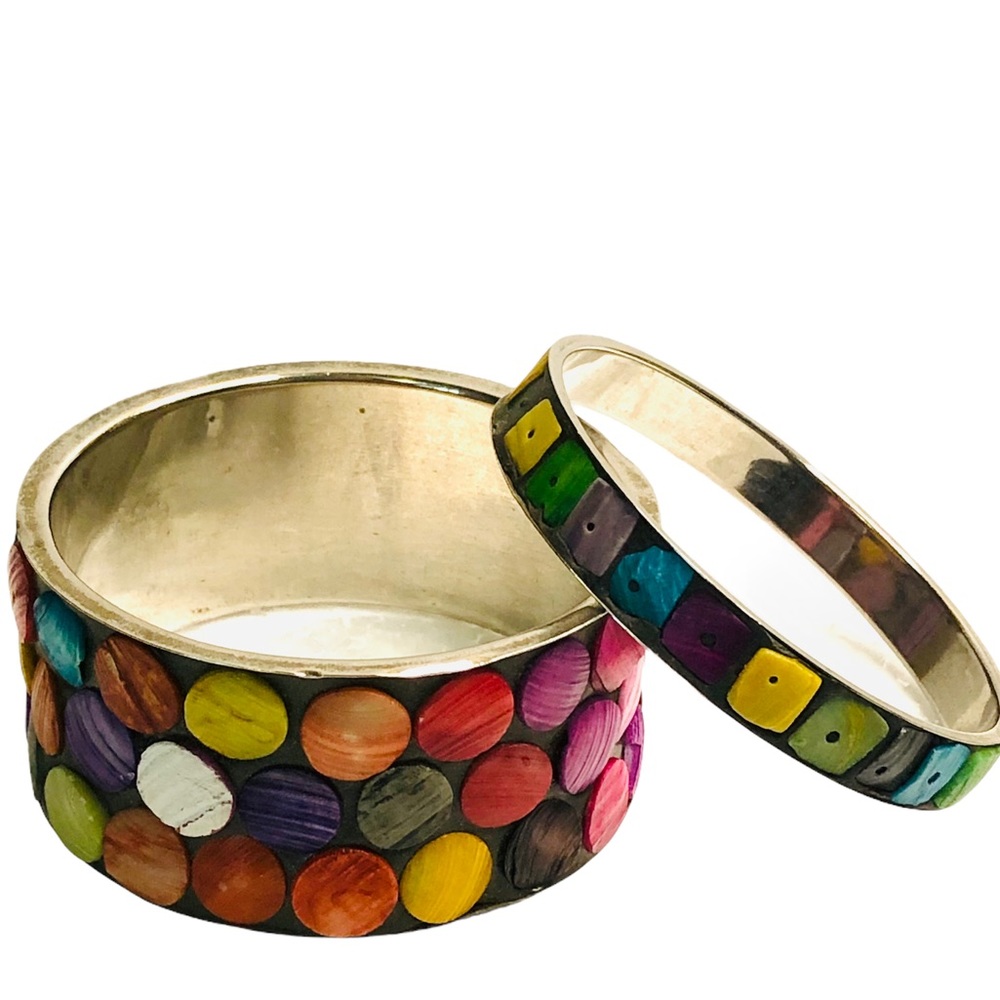 Two Silver Abalone Shell Colorful Inlay Bangle Br… - image 3